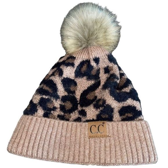 C.C. Leopard Print Pom Pom Beanie - Bid Now = Discounted Shipping - Picture 1 of 8